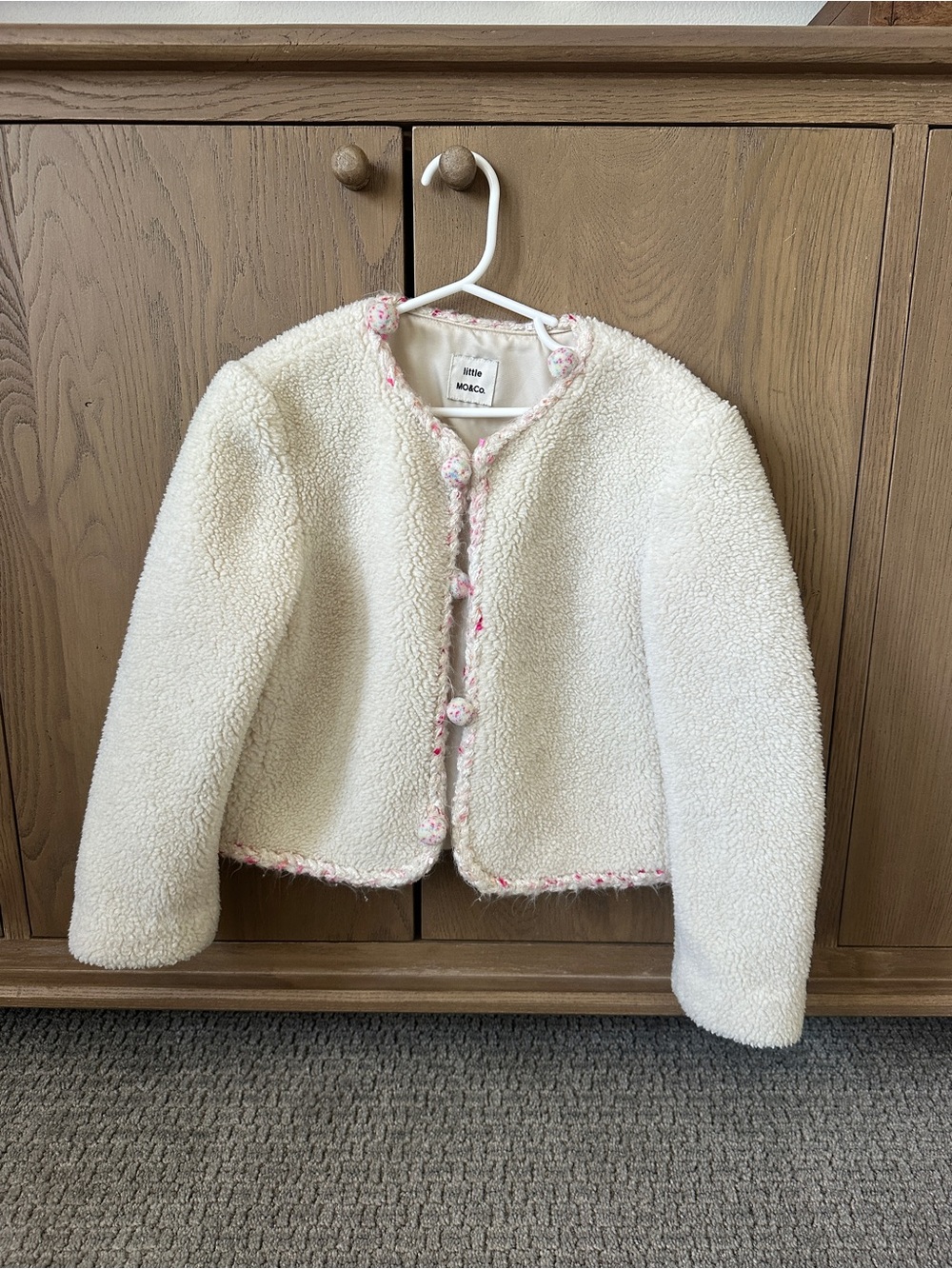 Kids Cream Sherpa Jacket with Pink Trim